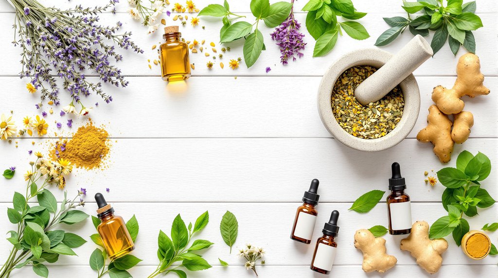 Natural herbs and botanical medicines in glass jars, showcasing naturopathic healing remedies
